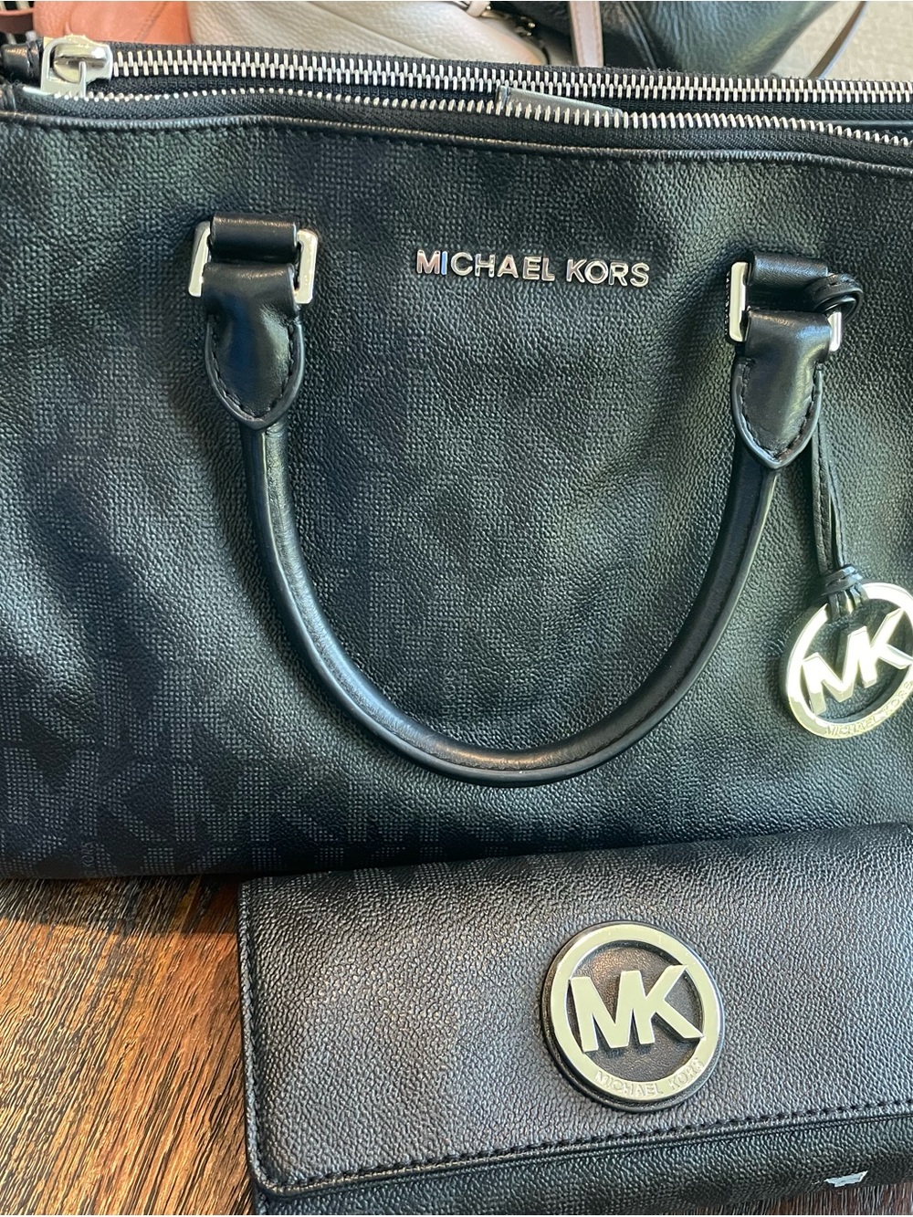 Michael Kors Black Signature Satchel and Wallet Set with Silver Hardware